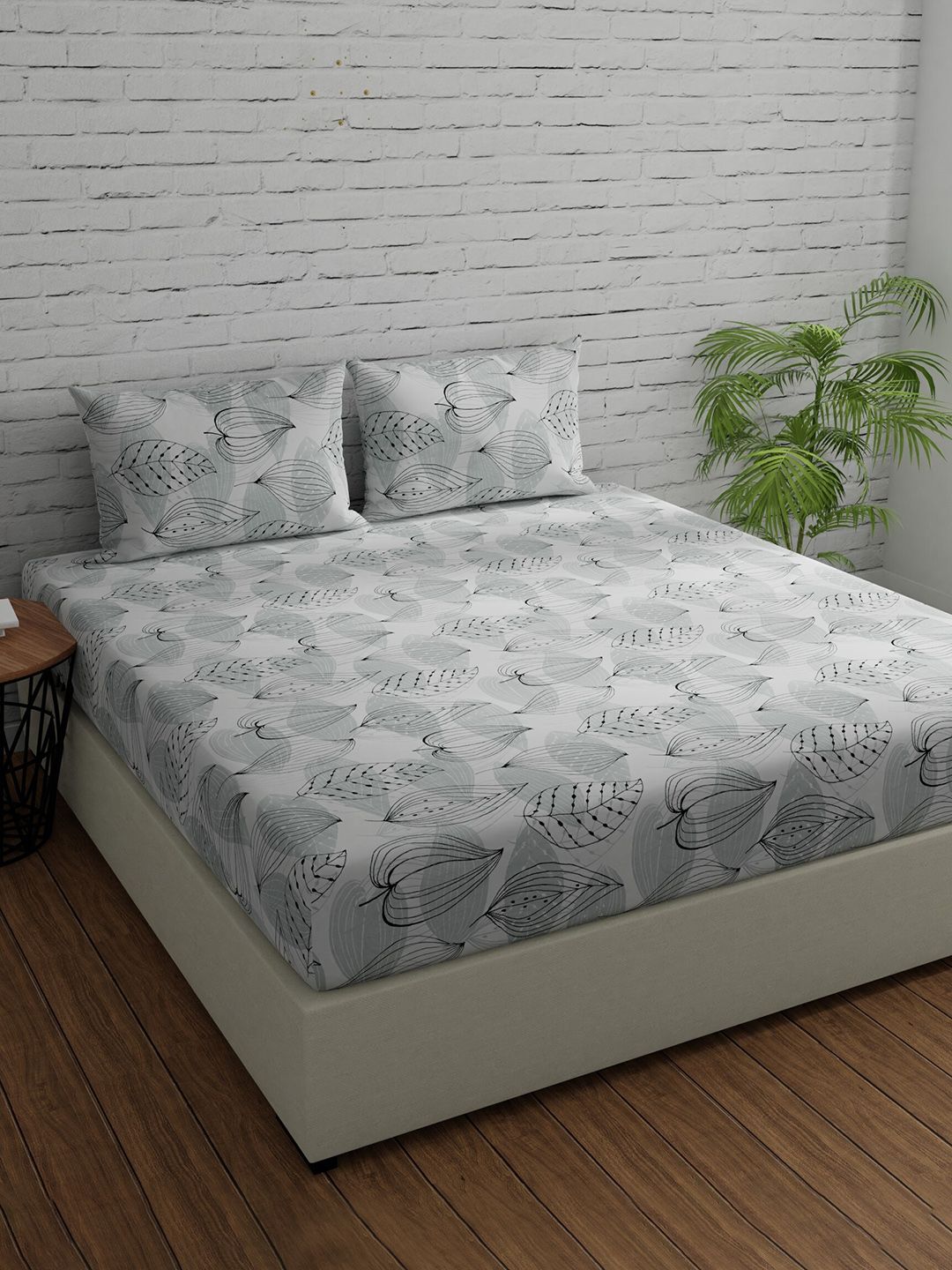 Huesland White Leaf Cotton 144 TC Queen Bedsheet with 2 Pillow Covers-96 x 88 inches