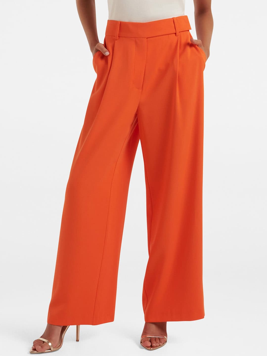 Forever New Women Orange High-Rise Pleated Trousers Price in India