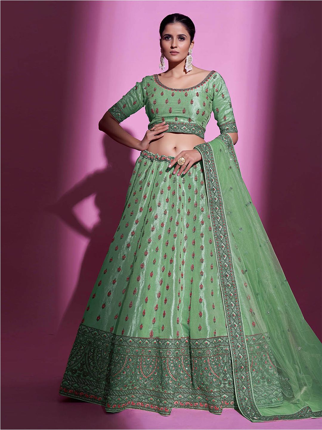 ODETTE Green & Red Embroidered Thread Work Semi-Stitched Lehenga & Unstitched Price in India