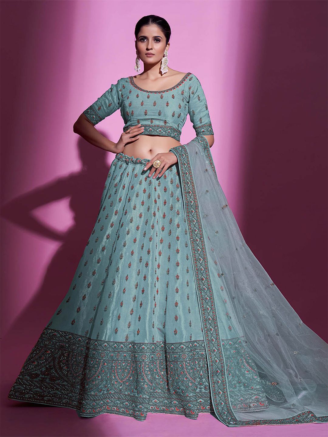 ODETTE Embroidered Beads & Stones Semi-Stitched Lehenga With Unstitched Blouse & Dupatta Price in India
