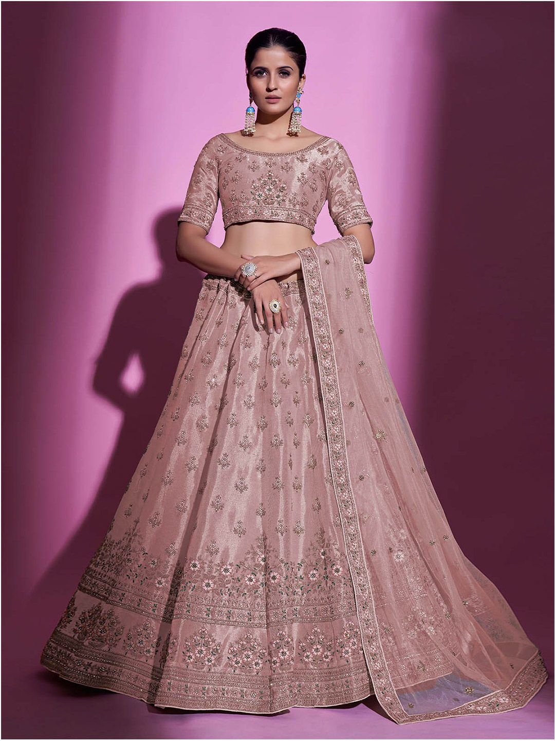 ODETTE Peach-Coloured & Silver-Toned Embroidered Thread Work Semi-Stitched Lehenga & Unstitched Price in India