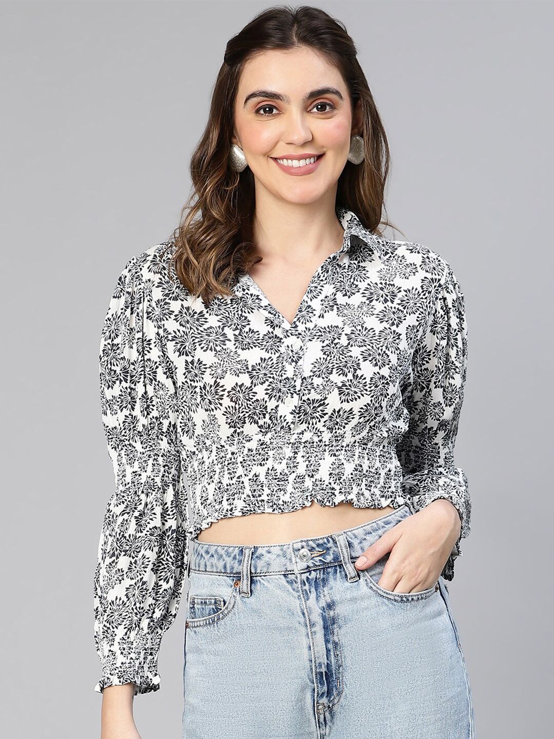 Oxolloxo Floral Print Smocked Blouson Crop Top Price in India