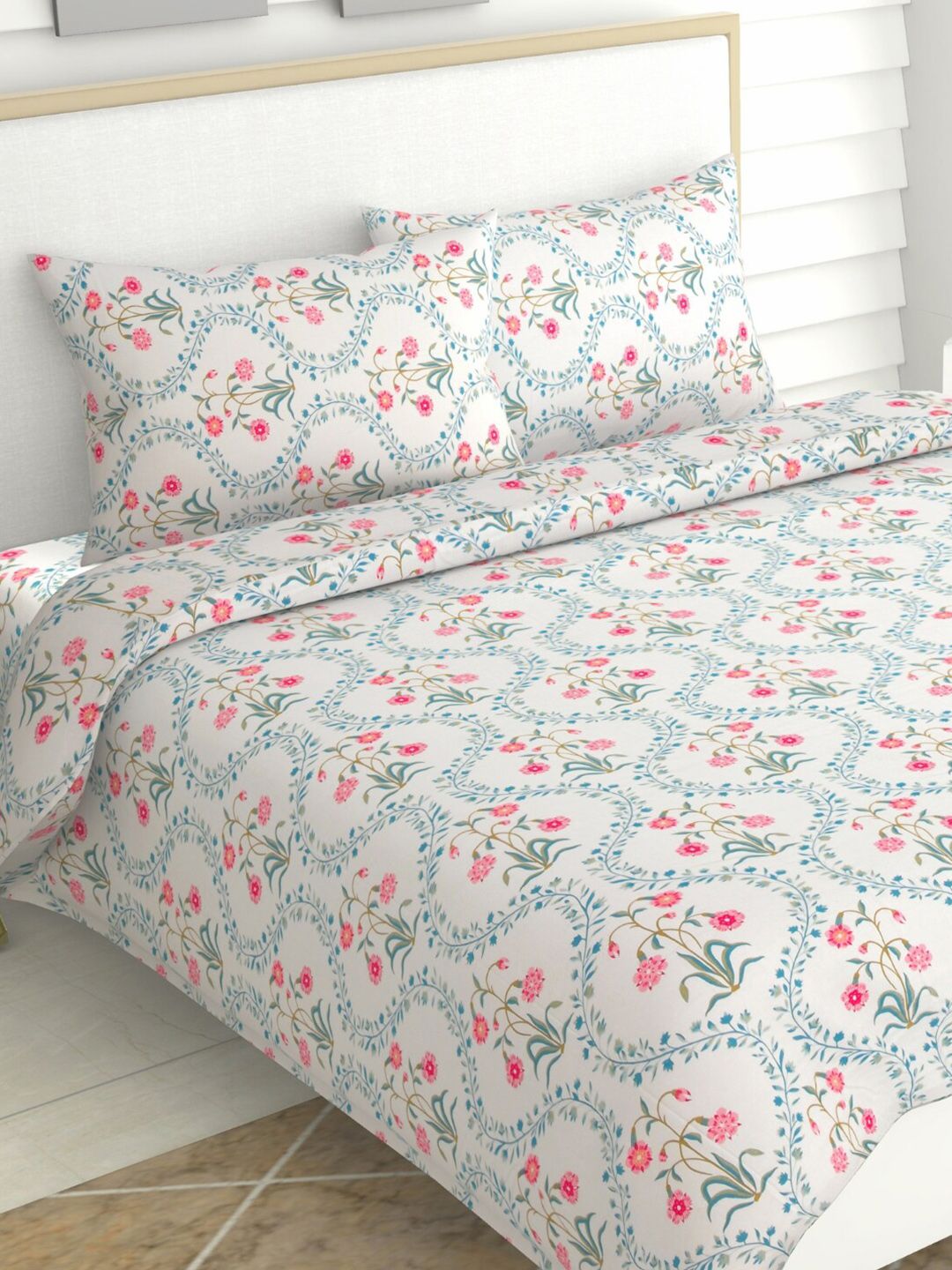 Pure Cotton Queen Bedsheet with 2 Pillow Covers haus & kinder Pink Blossoms Pink Floral Pure Cotton 186 TC Queen Fine Bedsheet with 2 Pillow Covers-100 x 90 inches