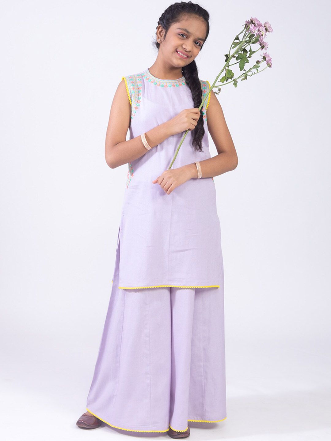 HERE&NOW Girls Mirror Work Regular Kurta with Palazzos