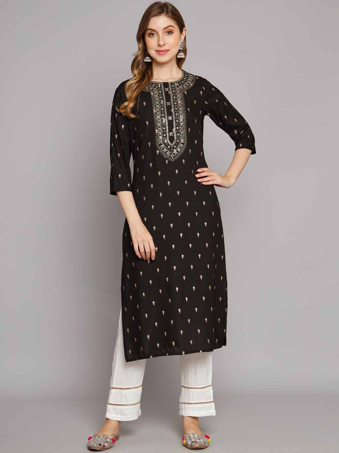 KALINI Ethnic Motifs Foil Printed Zari Sequinned Kurta with Palazzos Price in India