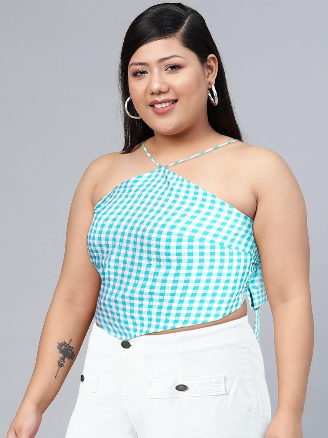 Buy Tokyo Talkies Green Gingham Checked Halter Neck Back Tie Up