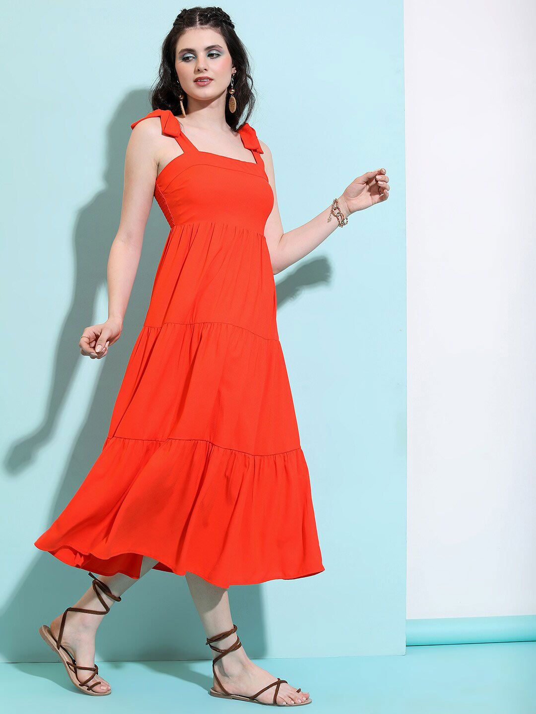 Tokyo Talkies Red Shoulder Strap Gathered Tiered Fit & Flare Midi Dress Price in India
