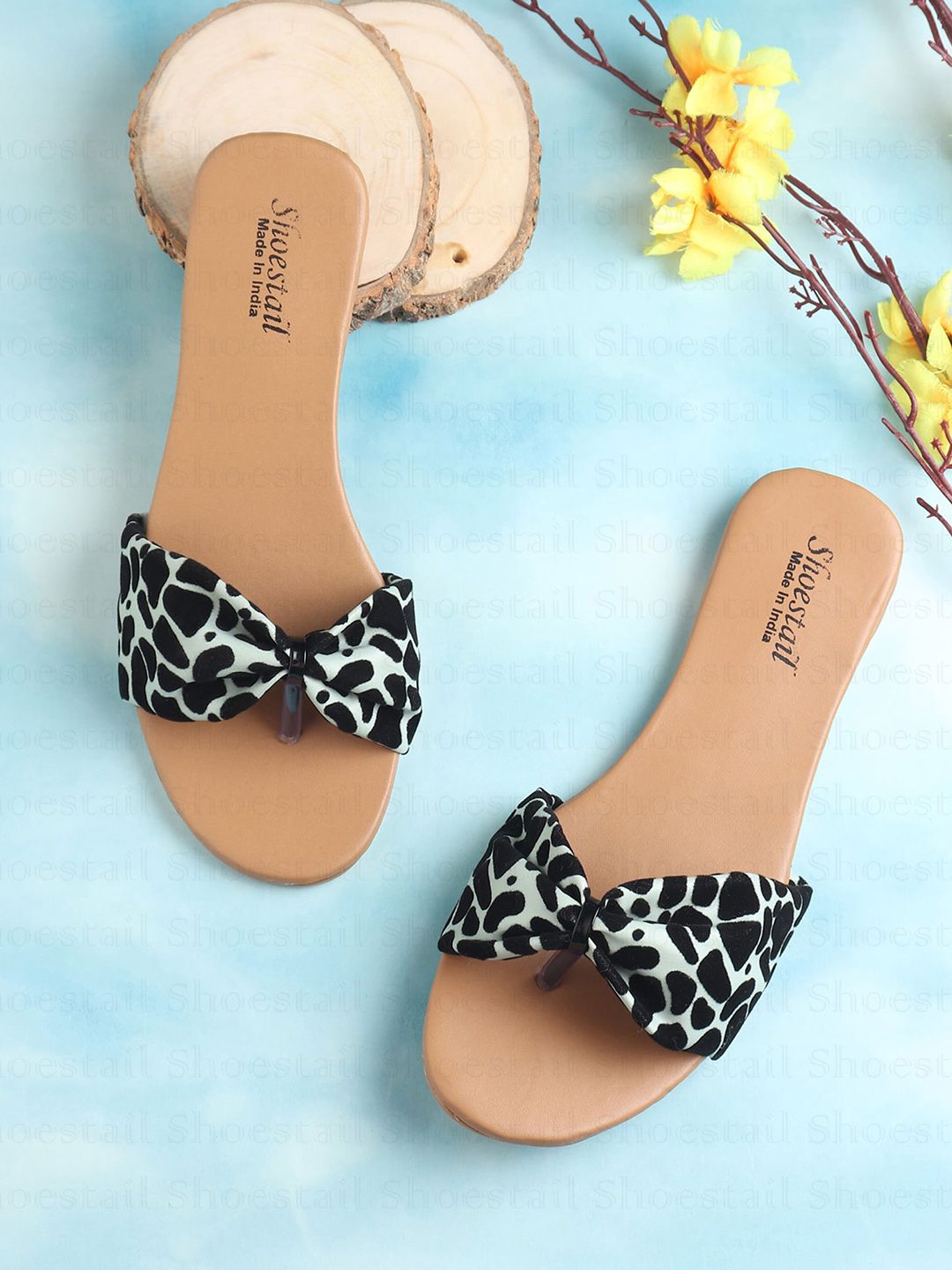 Shoestail Women Printed Open Toe Flats With Bows Price in India