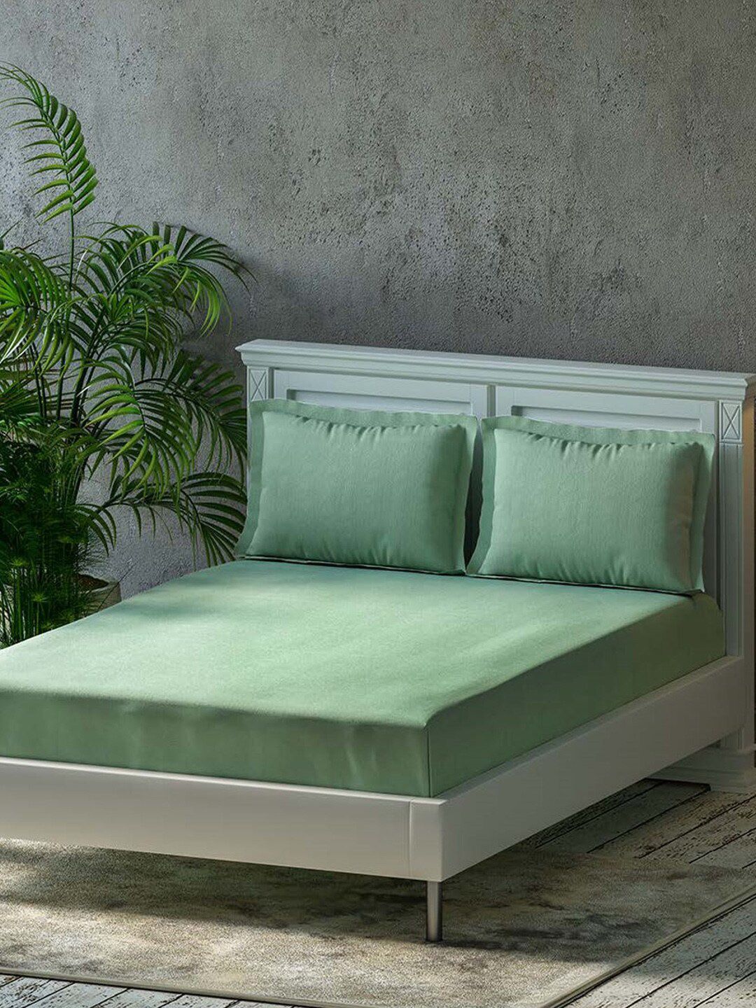 Trance Home Linen Trance Home Linen Metro Olive Solid Pure Cotton 300 TC Fitted Queen Superfine Bedsheet with 2 Pillow Covers-198 x 152 cm