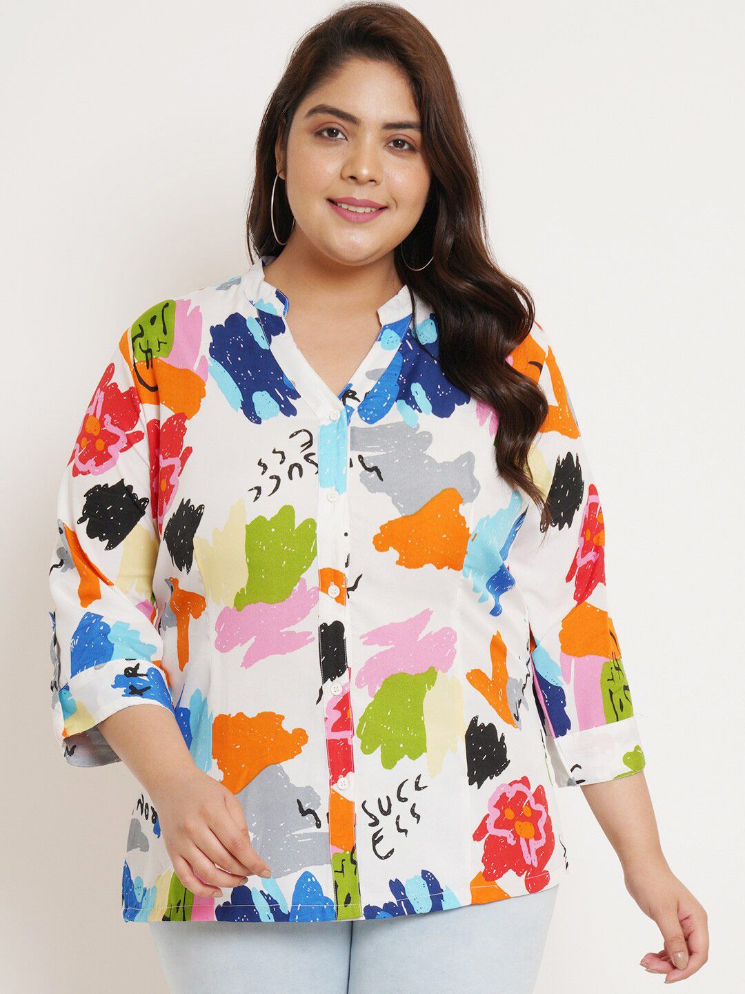 U&F Beyond Plus Size Abstract Printed Mandarin Collar Shirt Style Top Price in India