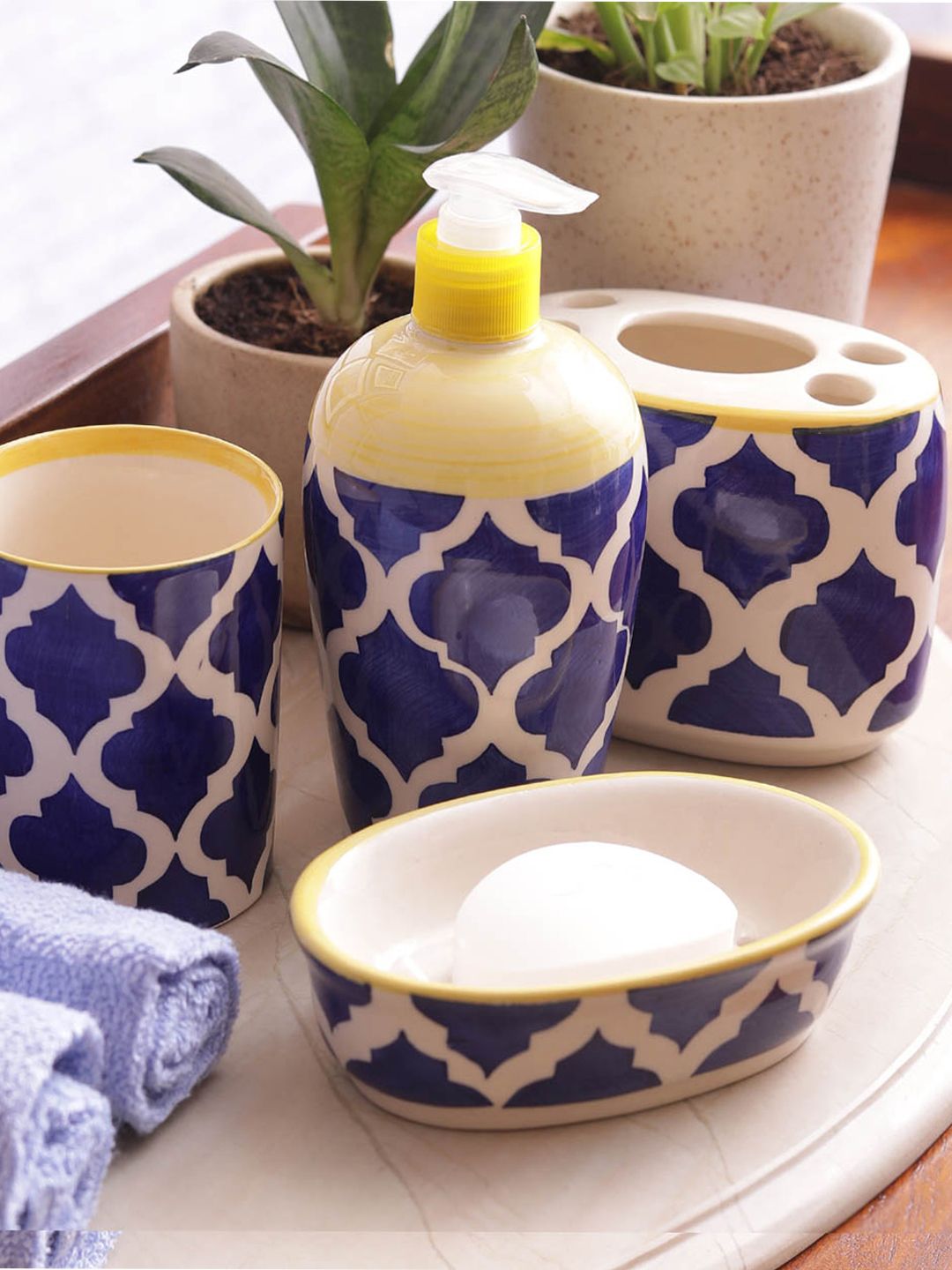 VarEesha Set Of 4 Blue Printed Ceramic Bath Accessories Price in India