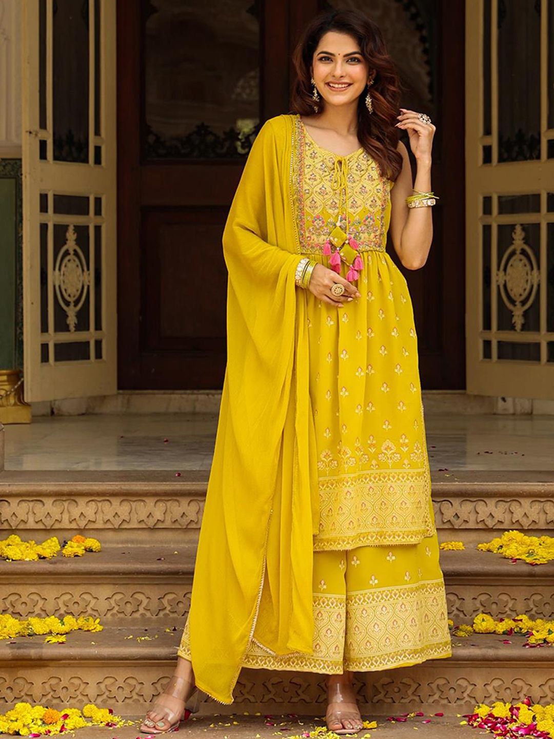 SCAKHI Women Mustard Yellow Ethnic Motifs Yoke Design Pleated Gotta Patti Kurta with Palazzos & With Dupatta Price in India