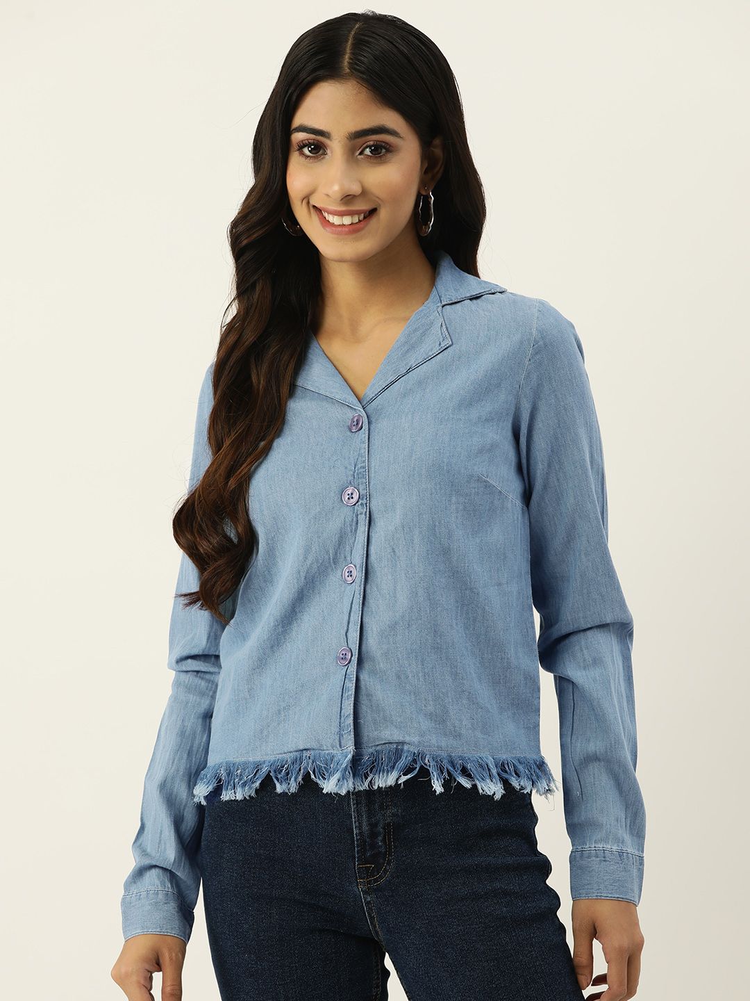 IX IMPRESSION Embroidered Fringed Pure Cotton Denim Shirt Style Top Price in India