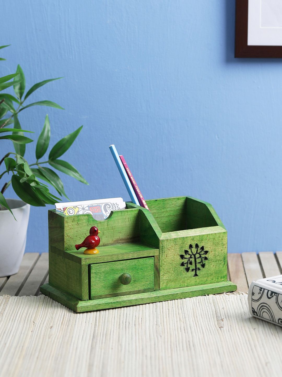 VarEesha Green Wooden Sparrow Desk Organiser and Pen Stand Price in India