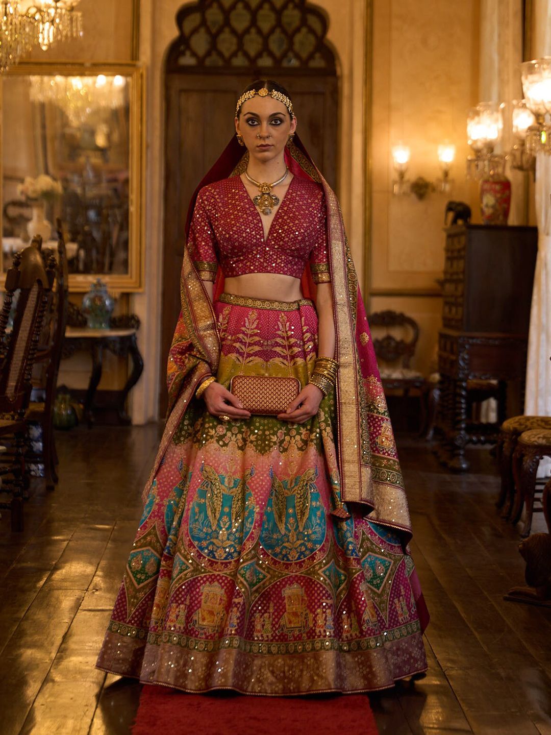 Phenav Pink & Green Embroidered Ready to Wear Lehenga & Blouse With Dupatta Price in India