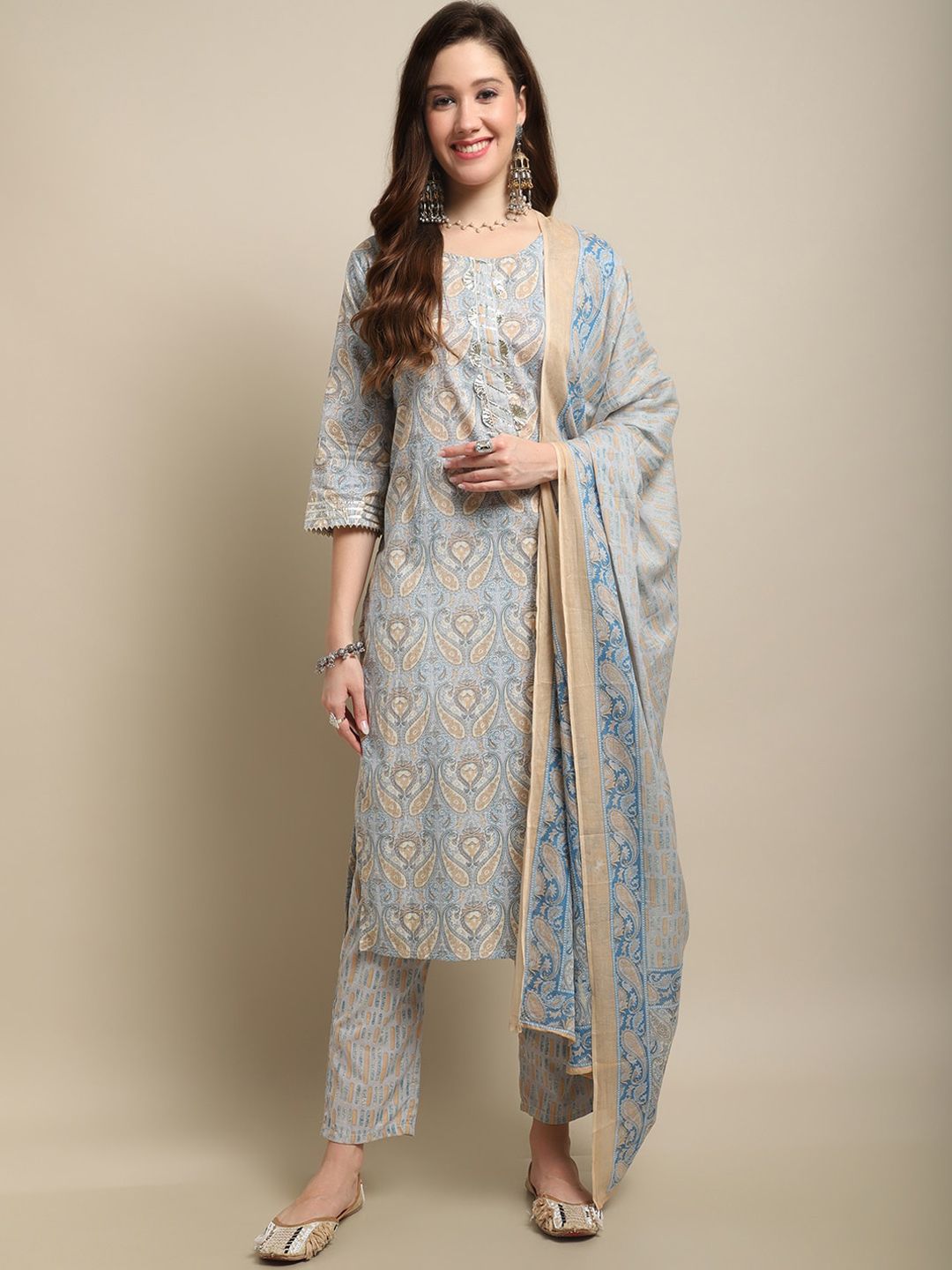 Sangria Blue & Beige Printed Gotta Patti Work Pure Cotton Kurta With Trouser & Dupatta Price in India