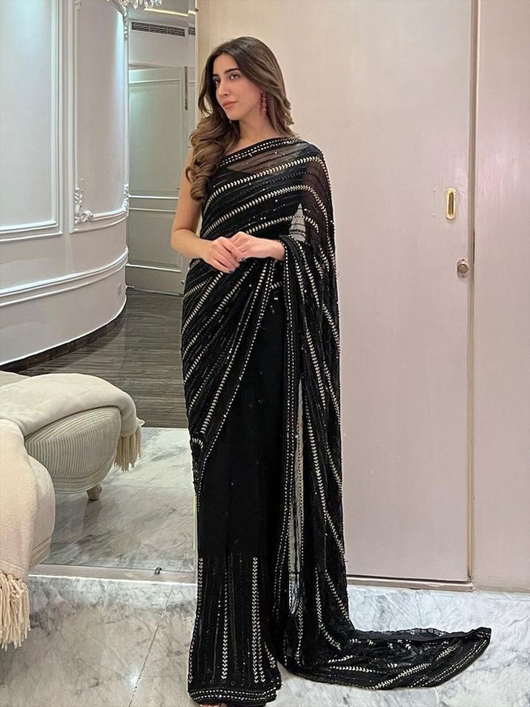 ODETTE Embellished Sequinned Saree Price in India