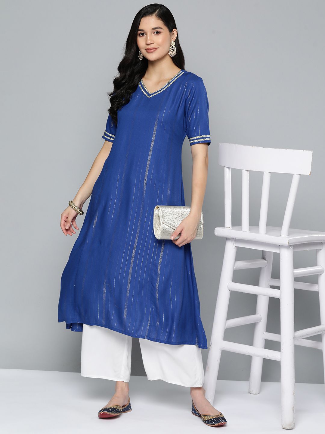 HERE&NOW Striped Sequined Detail A-Line Kurta Price in India
