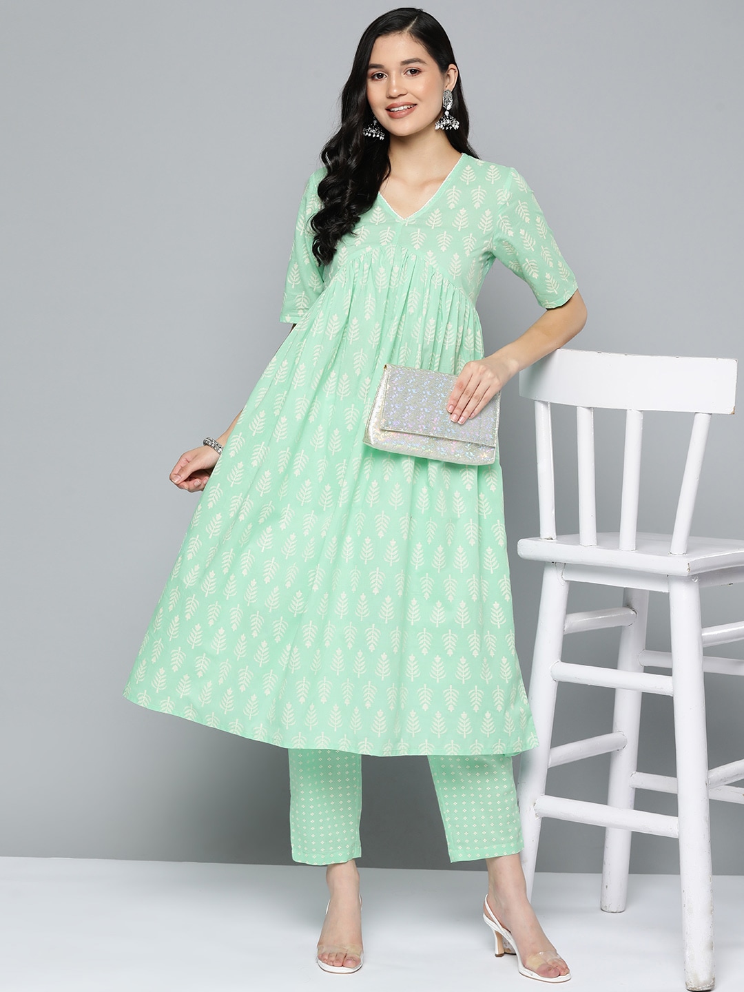 HERE&NOW Printed Pleated Pure Cotton Kurta with Trousers Price in India