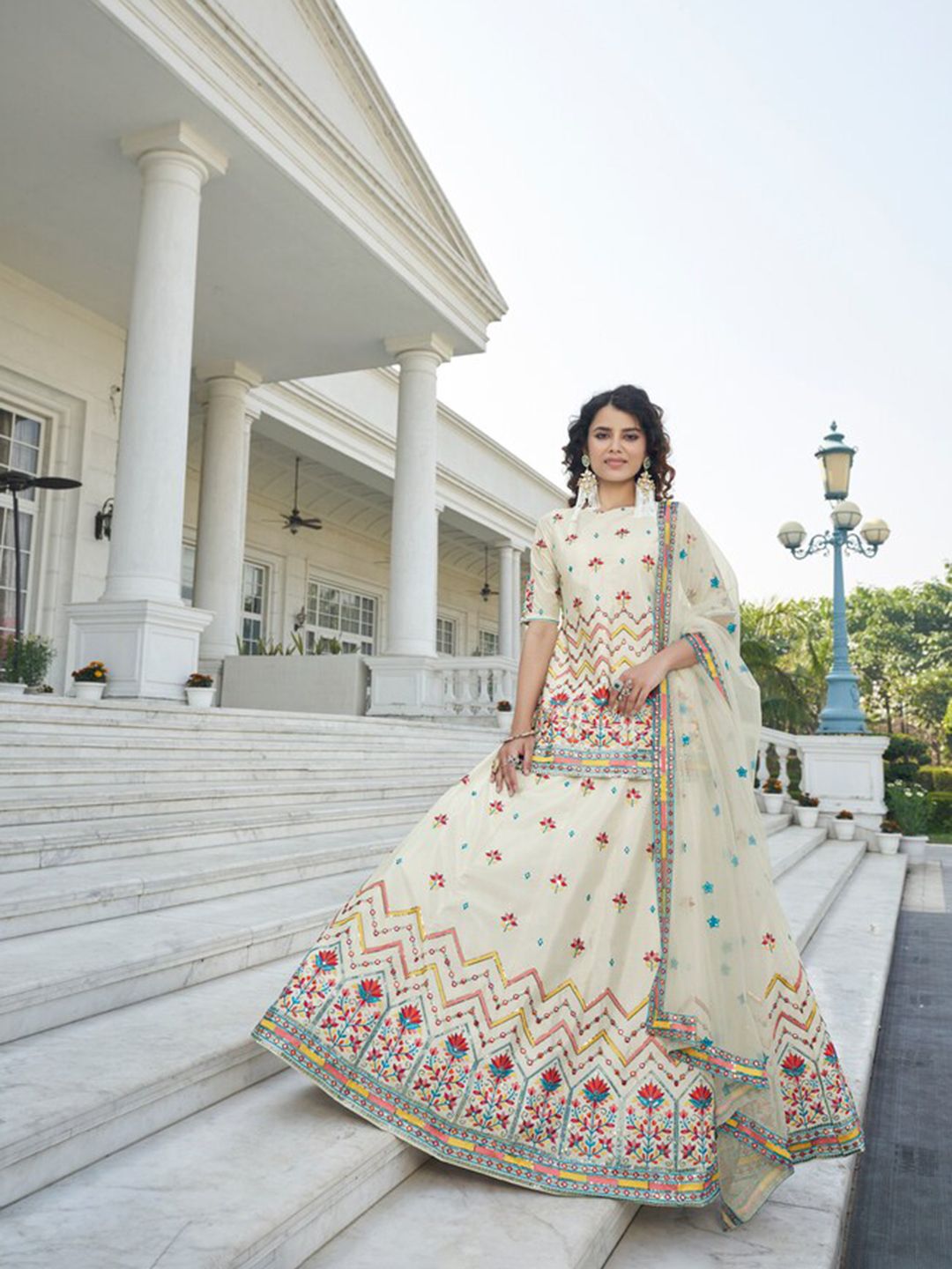 Exclusiva Embroidered Mirror Work Semi-Stitched Lehenga & Unstitched Blouse With Dupatta Price in India