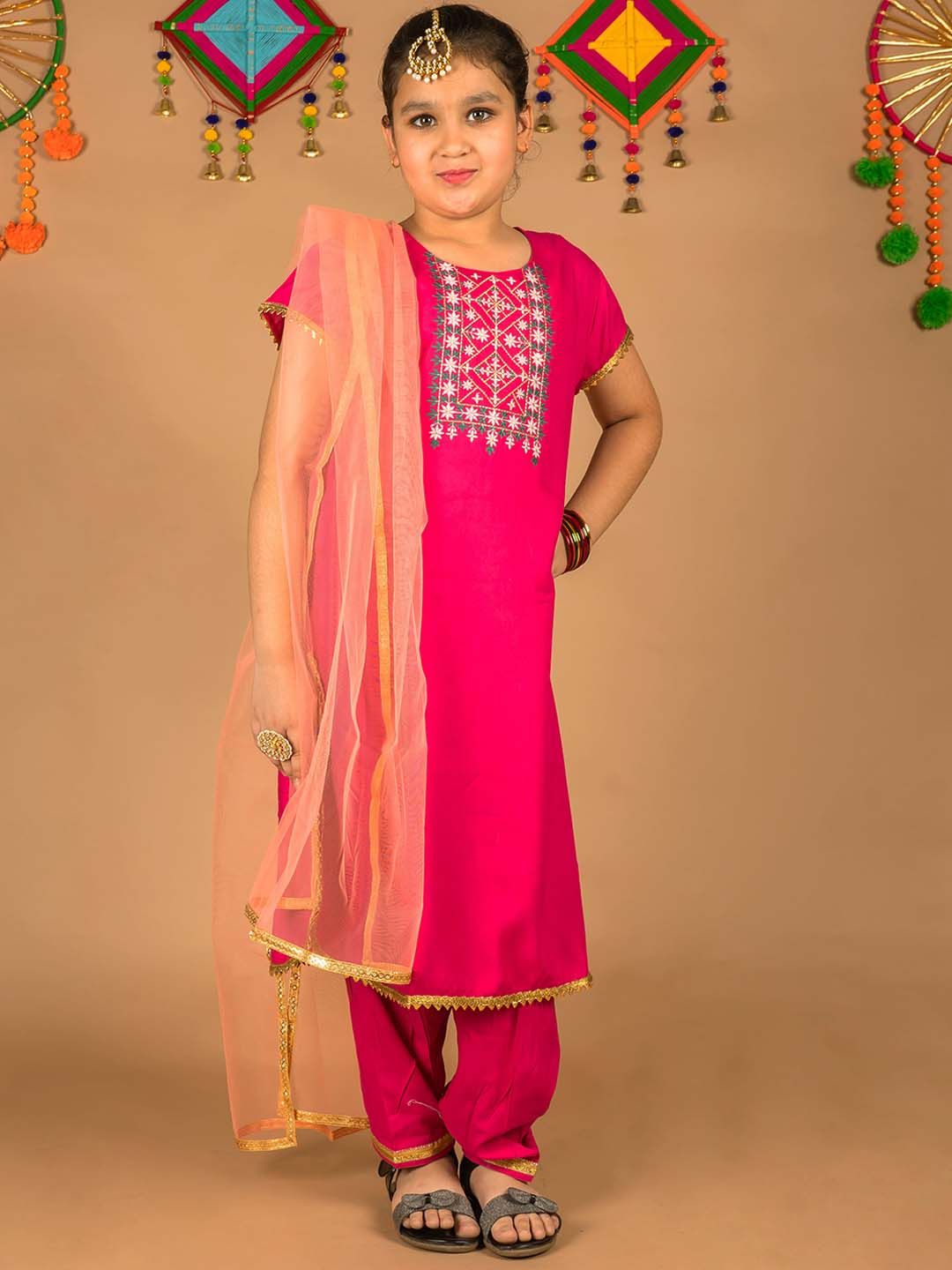 HERE&NOW Girls Pink Ethnic Motifs Embroidered Yoke Design Kurta With Trousers & Dupatta
