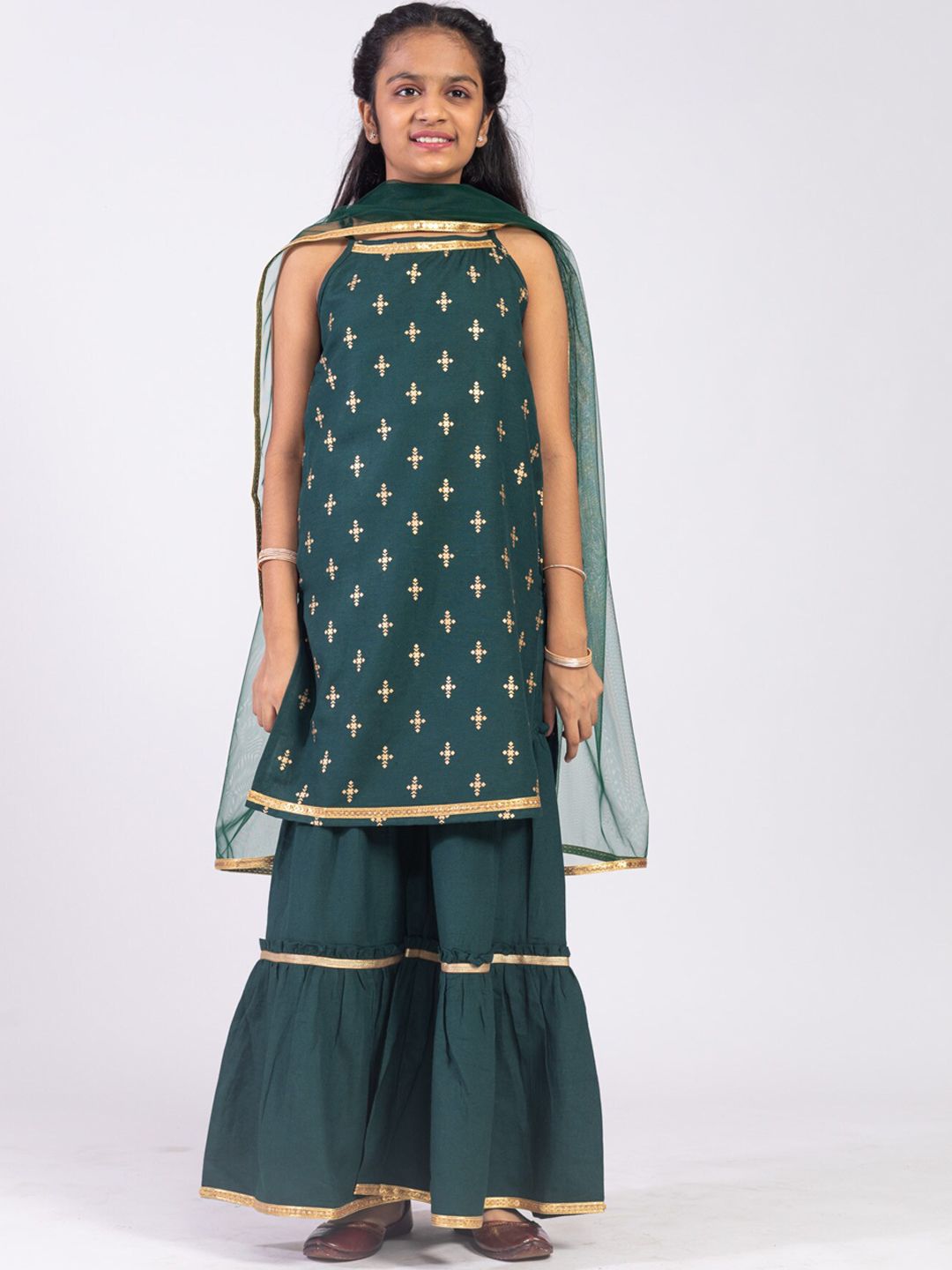 HERE&NOW Girls Green & Gold-Toned Ethnic Motifs Printed Kurta with Sharara & Dupatta