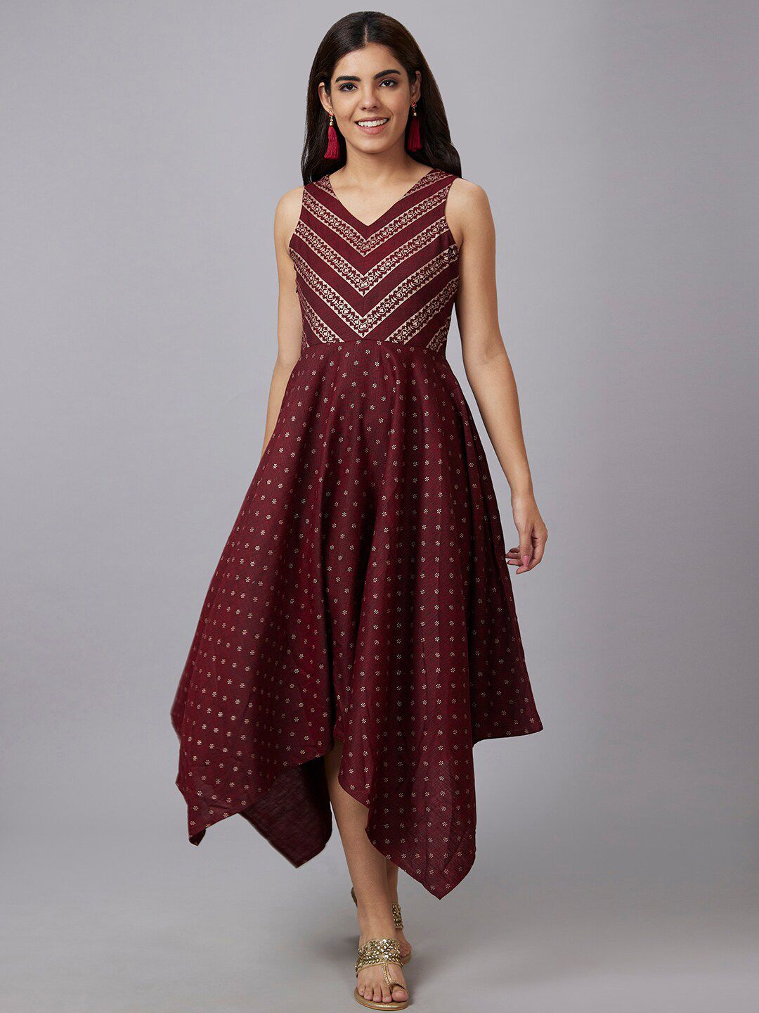 Globus Red Ethnic Motifs Printed V-Neck Fit and Flare Maxi Dress Price in India