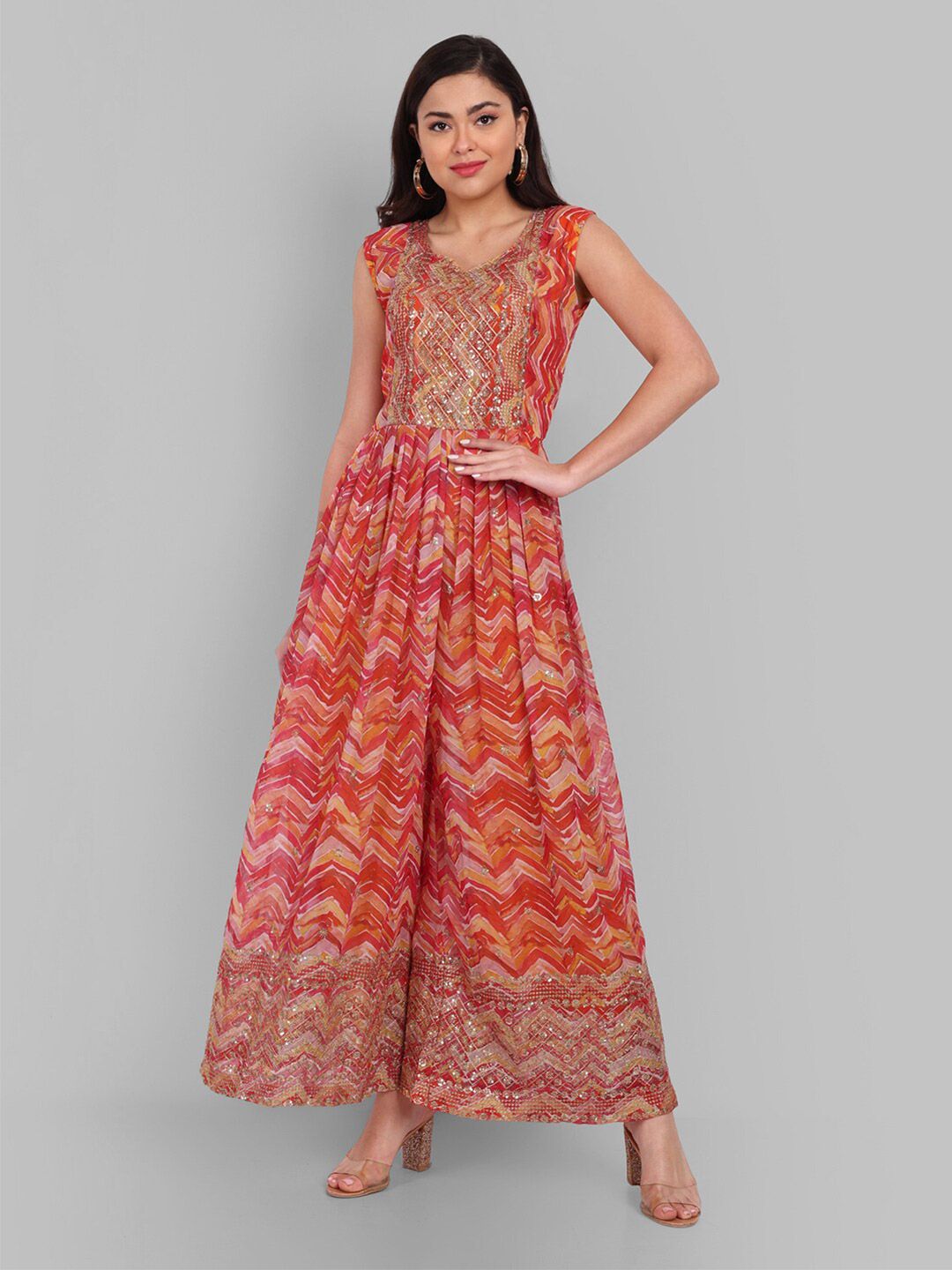 Pakiza Abstract Printed V-Neck Cotton Basic Jumpsuit with Embroidered Price in India