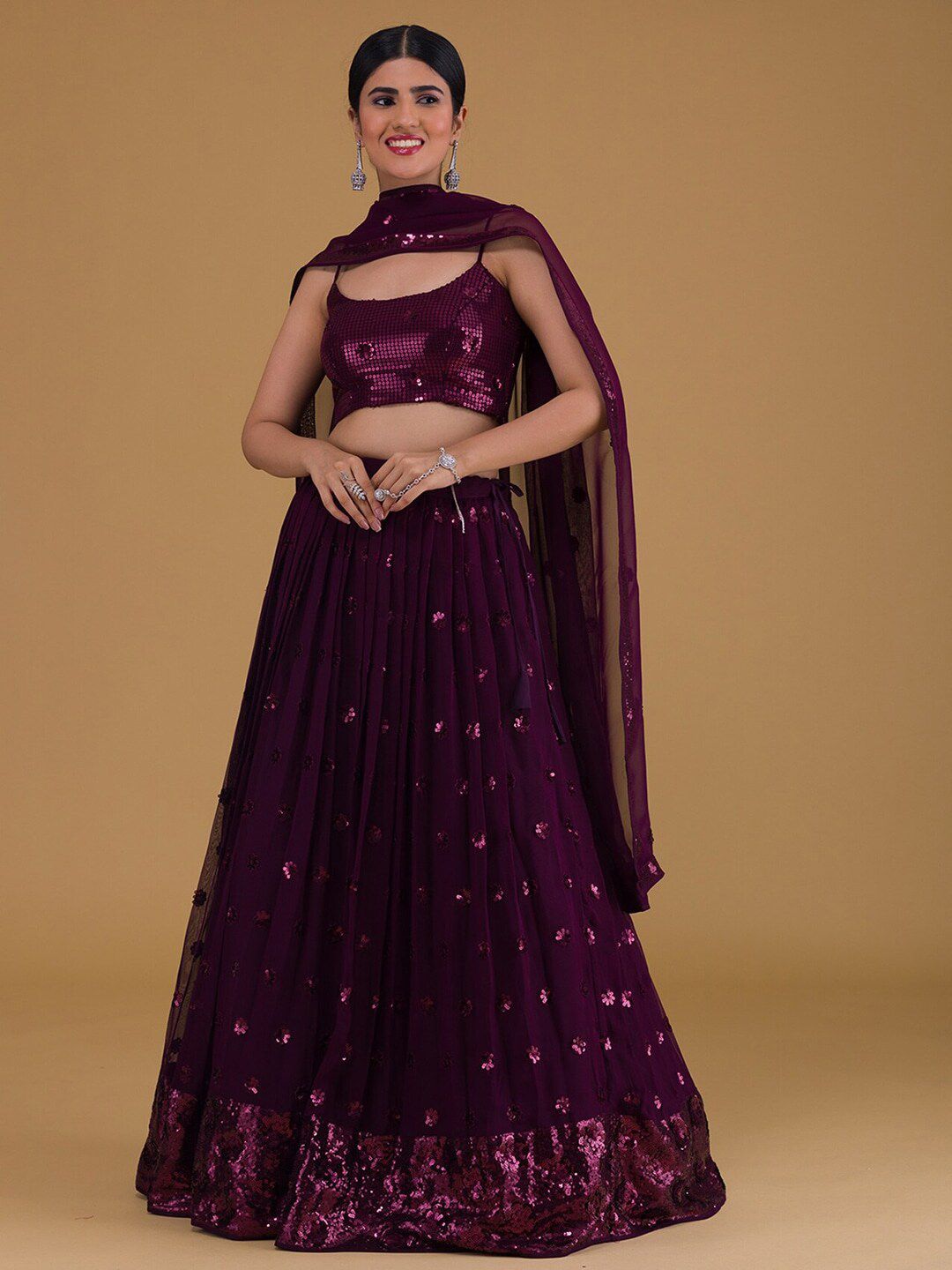 FABPIXEL Purple Embellished Sequinned Semi-Stitched Lehenga & Unstitched Blouse With Dupatta Price in India