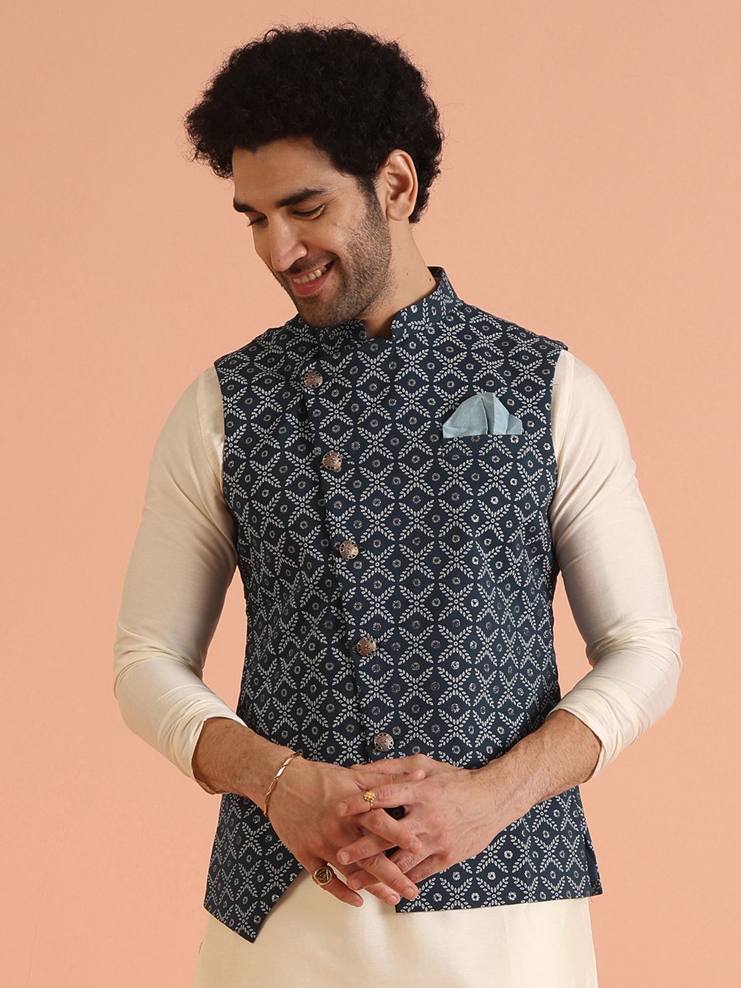 KISAH Men Asymmetrical, Printed Zari Regular Fit Nehru Jacket