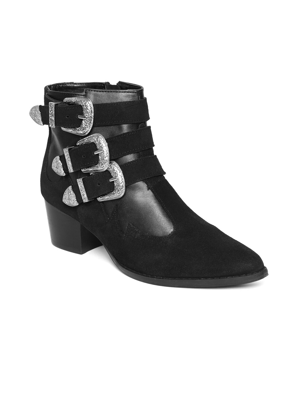 Carlton London Women Black Leather Heeled Boots Price in India