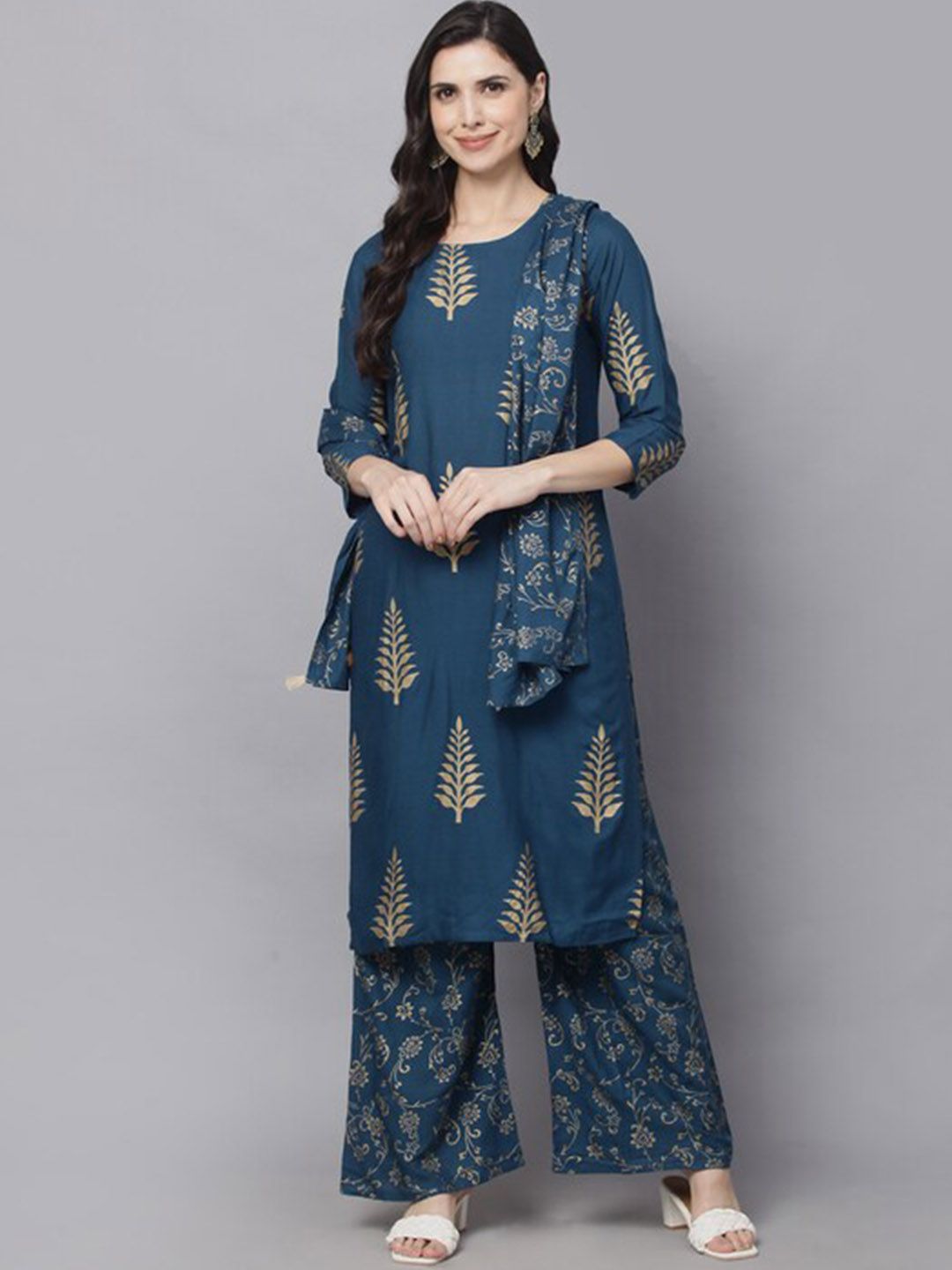 SURHI Women Turquoise Blue Printed Regular Kurta with Palazzos & With Dupatta Price in India