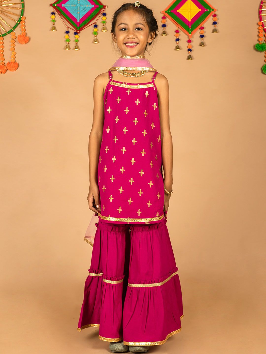 HERE&NOW Girls Pink & Gold-toned Ethnic Motifs Printed Kurta with Sharara & Dupatta