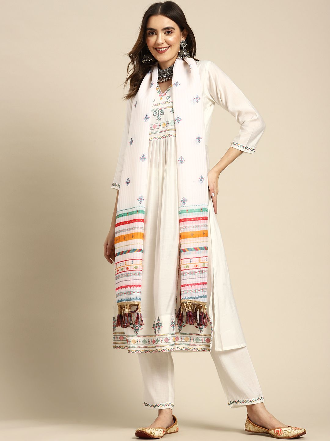 Sangria Ethnic Motifs Yoke Design Regular Thread Work Kurta with Trousers & With Dupatta Price in India
