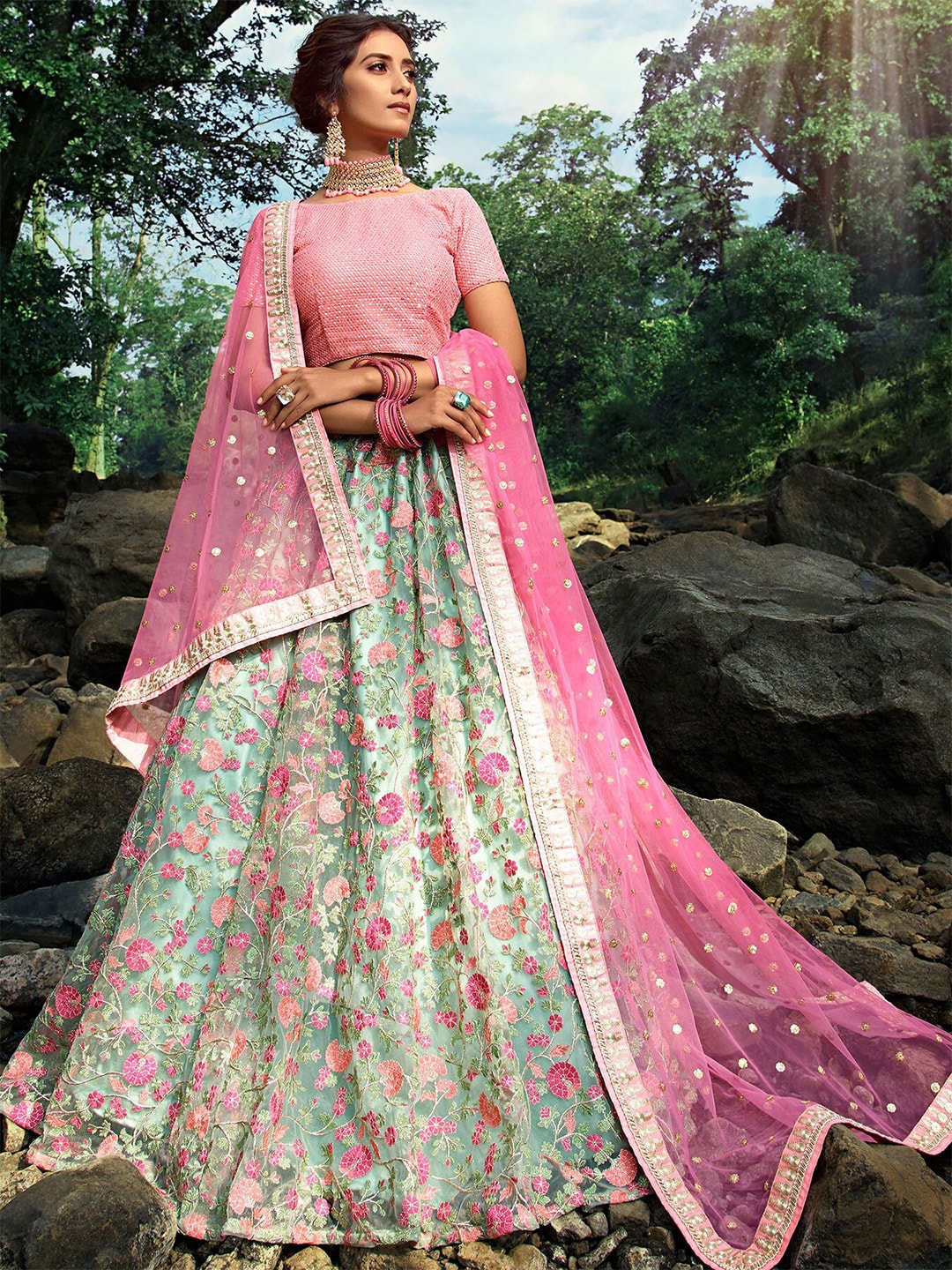 FABPIXEL Green & Pink Embroidered Thread Work Semi-Stitched Lehenga & Unstitched Blouse With Dupatta Price in India