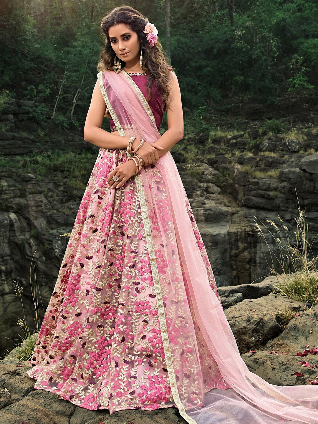 FABPIXEL Pink & Maroon Embellished Thread Work Semi-Stitched Lehenga & Unstitched Blouse With Dupatta Price in India