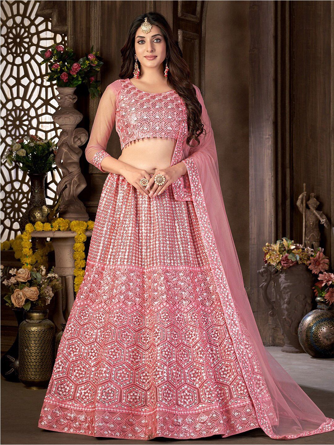 Satrani Pink Embellished Semi-Stitched Lehenga & Unstitched Blouse With Dupatta Price in India