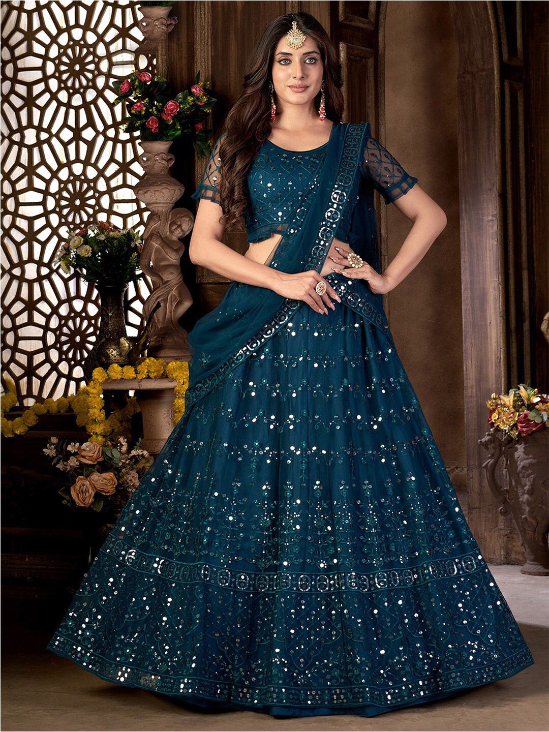 Satrani Blue Embellished Sequinned Semi-Stitched Lehenga & Unstitched Blouse With Dupatta Price in India