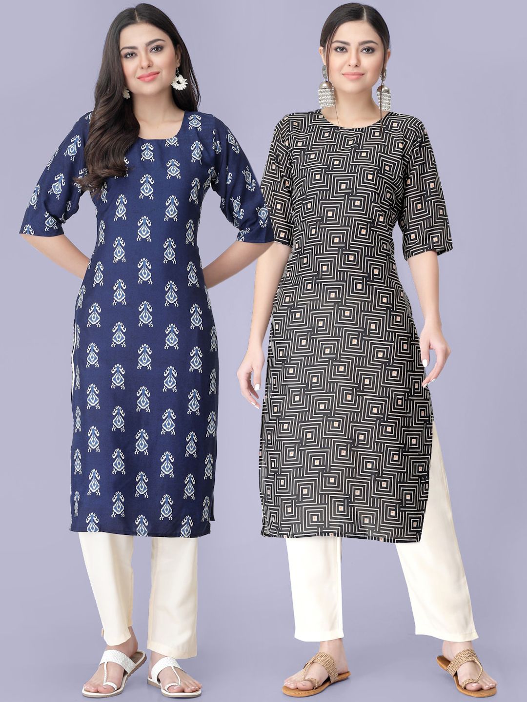 7Threads Women Navy Blue Floral Printed Regular Kurta with Trousers Price in India