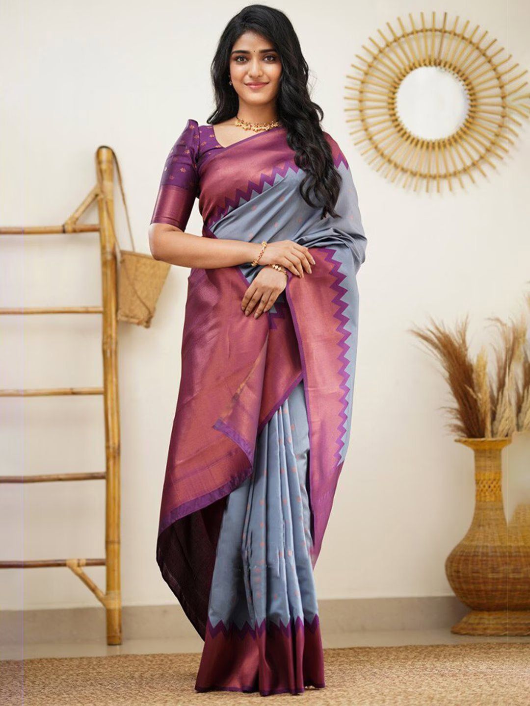 KALINI Grey & Purple Woven Design Zari Banarasi Saree Price in India