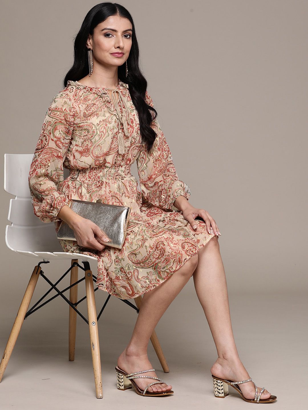 Ishin Peach-Coloured Floral Print Tie-Up Neck Chiffon A-Line Dress Price in India