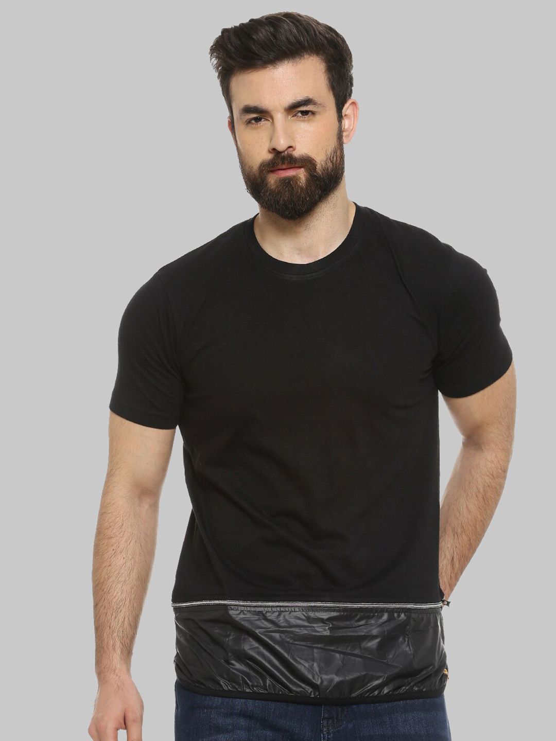 CAHOOT Black Round Neck Short Sleeves Casual Cotton T-shirt