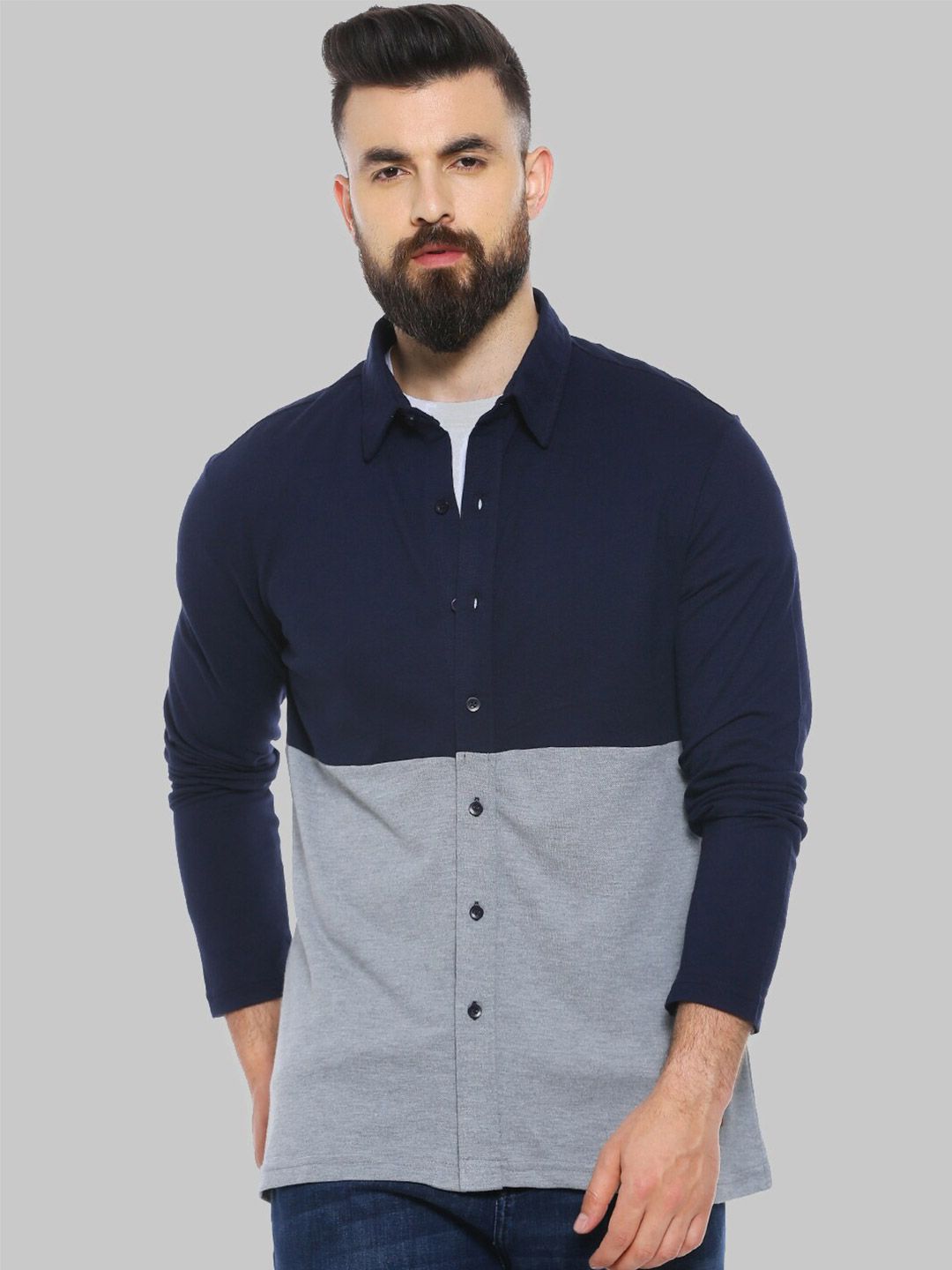 CAHOOT Classic Navy Blue & Grey Colourblocked Cotton Casual Shirt