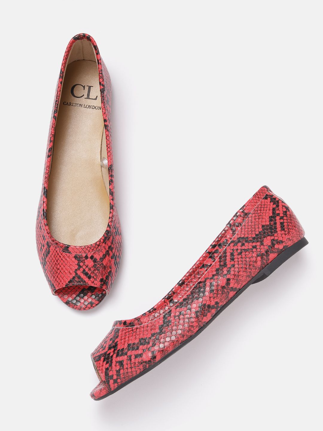 Carlton London Women Snakeskin Textured Peep Toe Flats