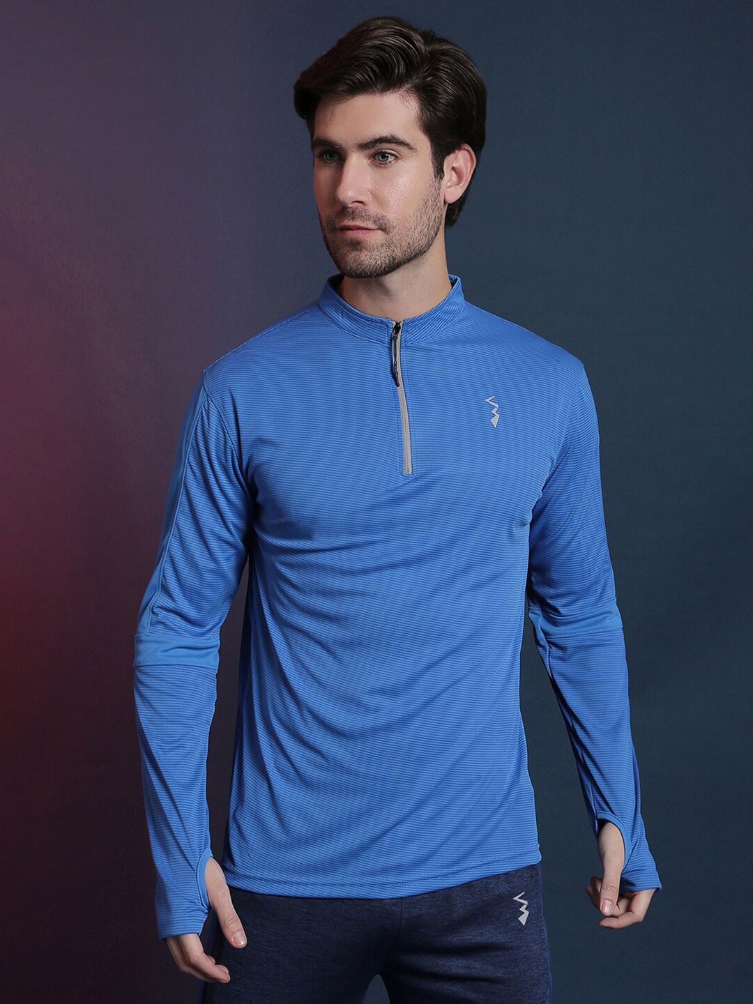 CAHOOT Blue Striped Mandarin Collar Dry Fit T-shirt