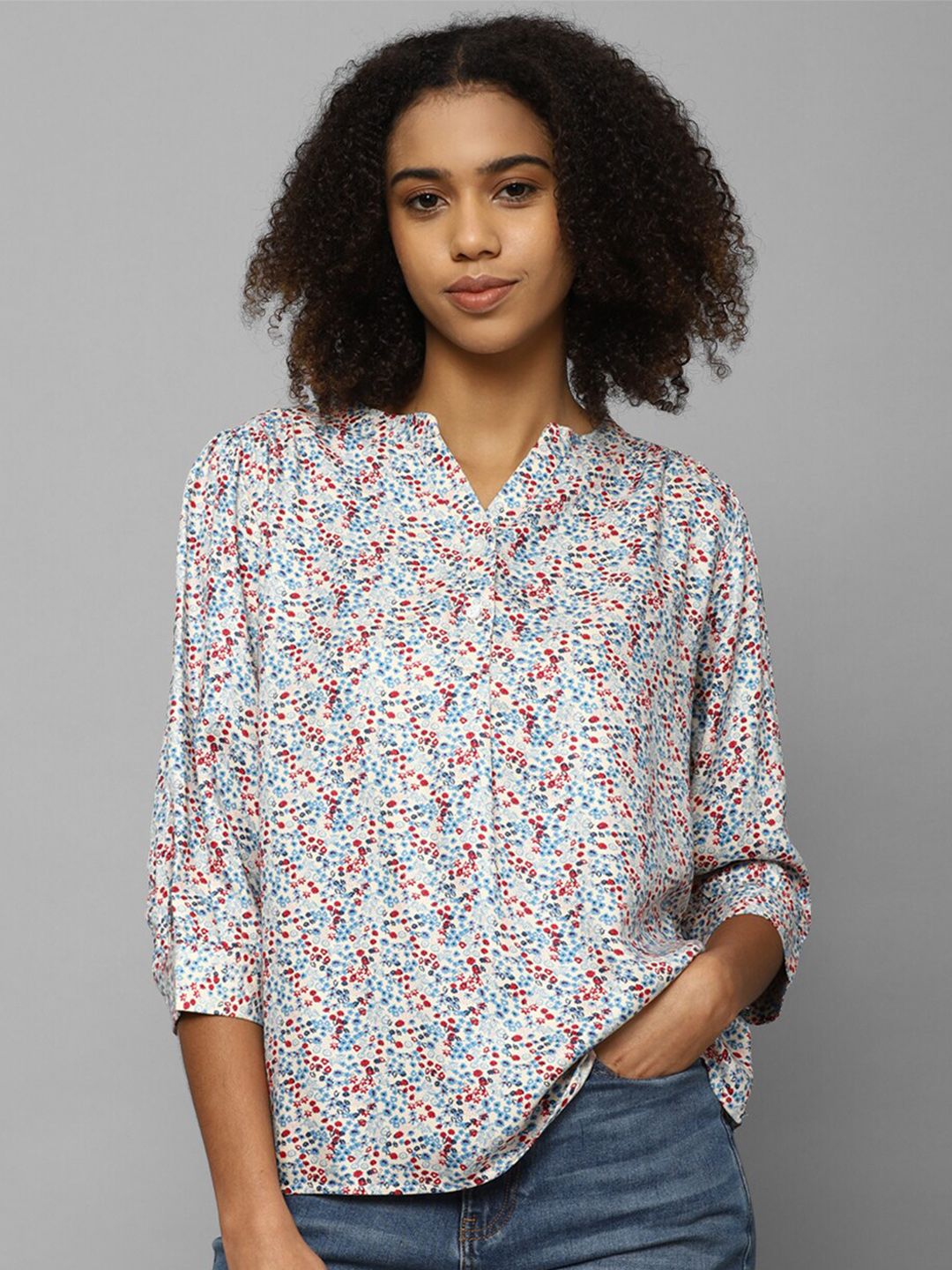 Allen Solly Woman Floral Printed Mandarin Collar Shirt Style Top Price in India