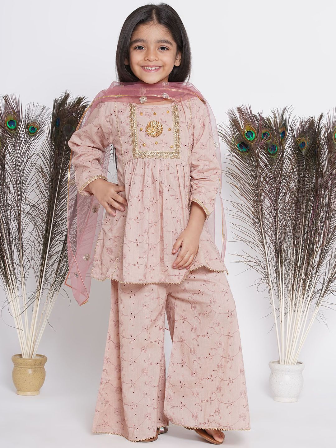 Little Bansi Girls Self Design Gotta Patti Pure Cotton Kurta with Palazzos & Dupatta