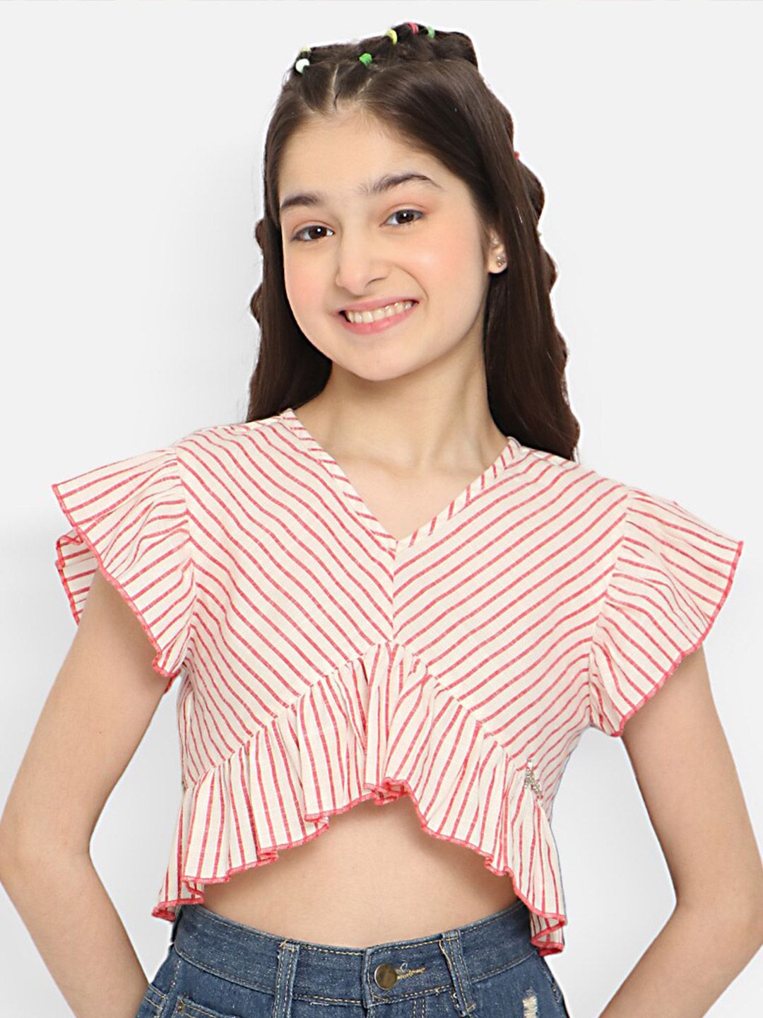 Natilene Girls Striped V-Neck Flutter Sleeves Pure Cotton Crop Top