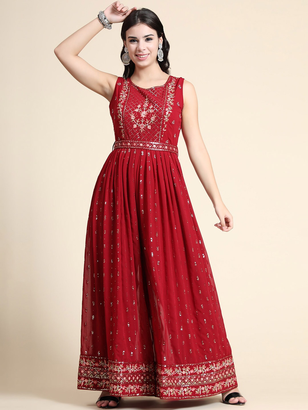 KALINI Round Neck Embellished Flared Hem Ethnic Basic Jumpsuit Price in India