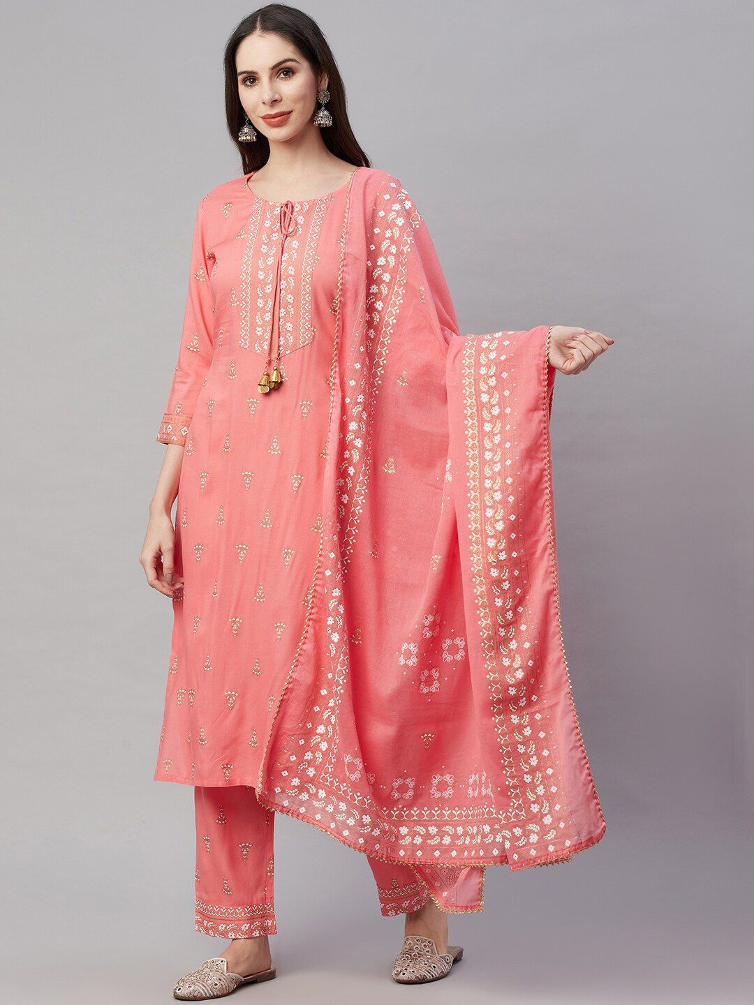 AMIRAS INDIAN ETHNIC WEAR Women Peach-Coloured Ethnic Motifs Printed Regular Kurta with Trousers & With Price in India